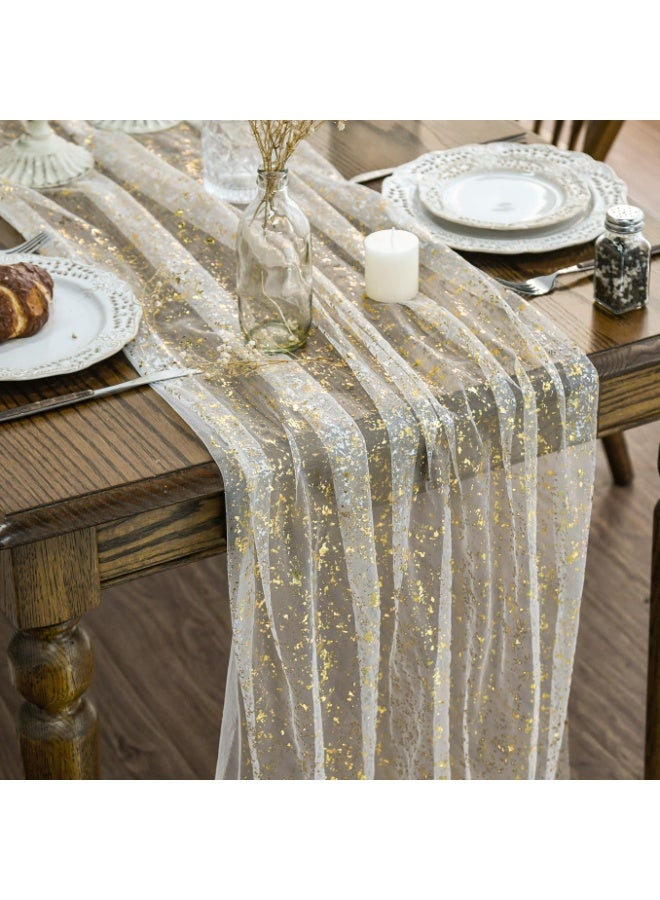 Beige Gold Gauze Table Runner  70cm*300cm, Glitter Metallic Foil Sheer Dining Wedding Anniversary Holiday Birthday Table Decor for Home Party - Image 1